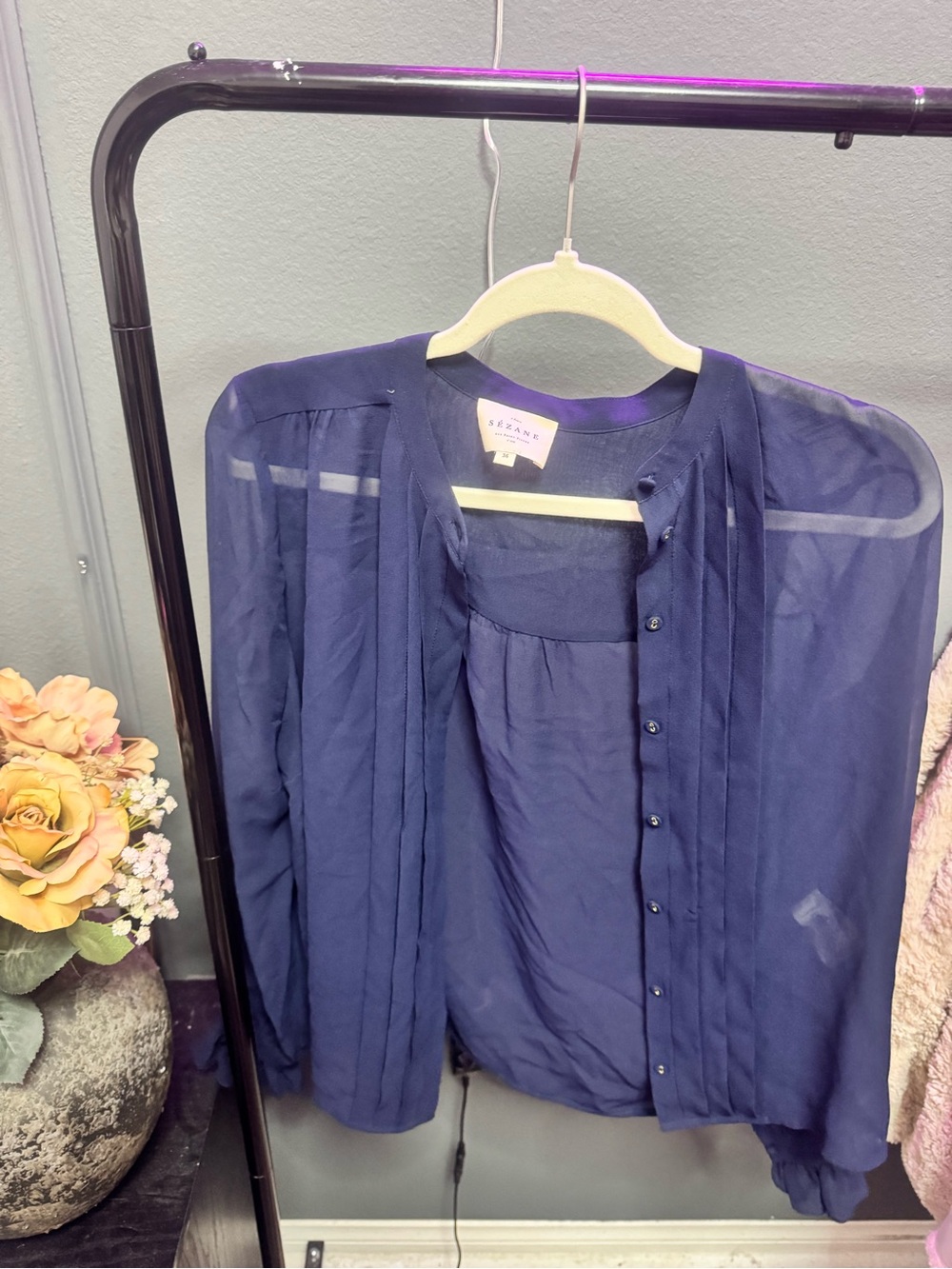 Sezane Navy Sheer Button-Front Blouse